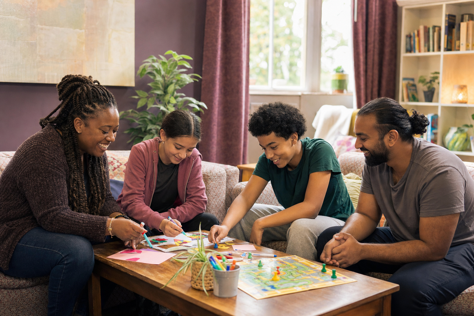 Care staff and young people enjoying crafts and a board game together in a warm living room