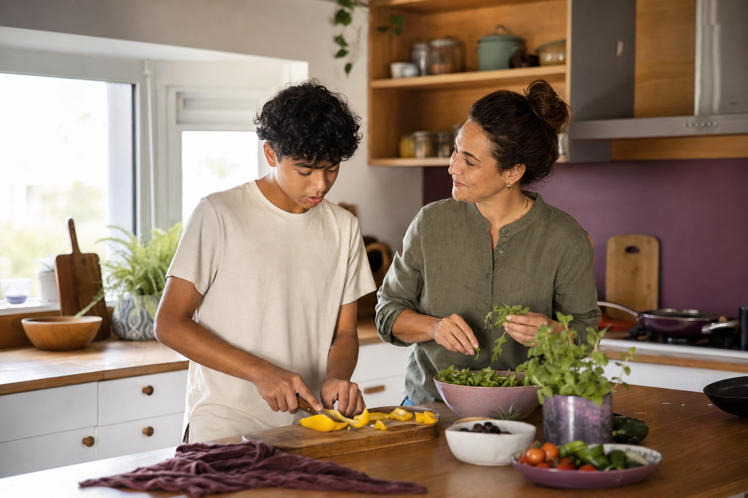 A support worker and young person preparing a meal together in a welcoming kitchen