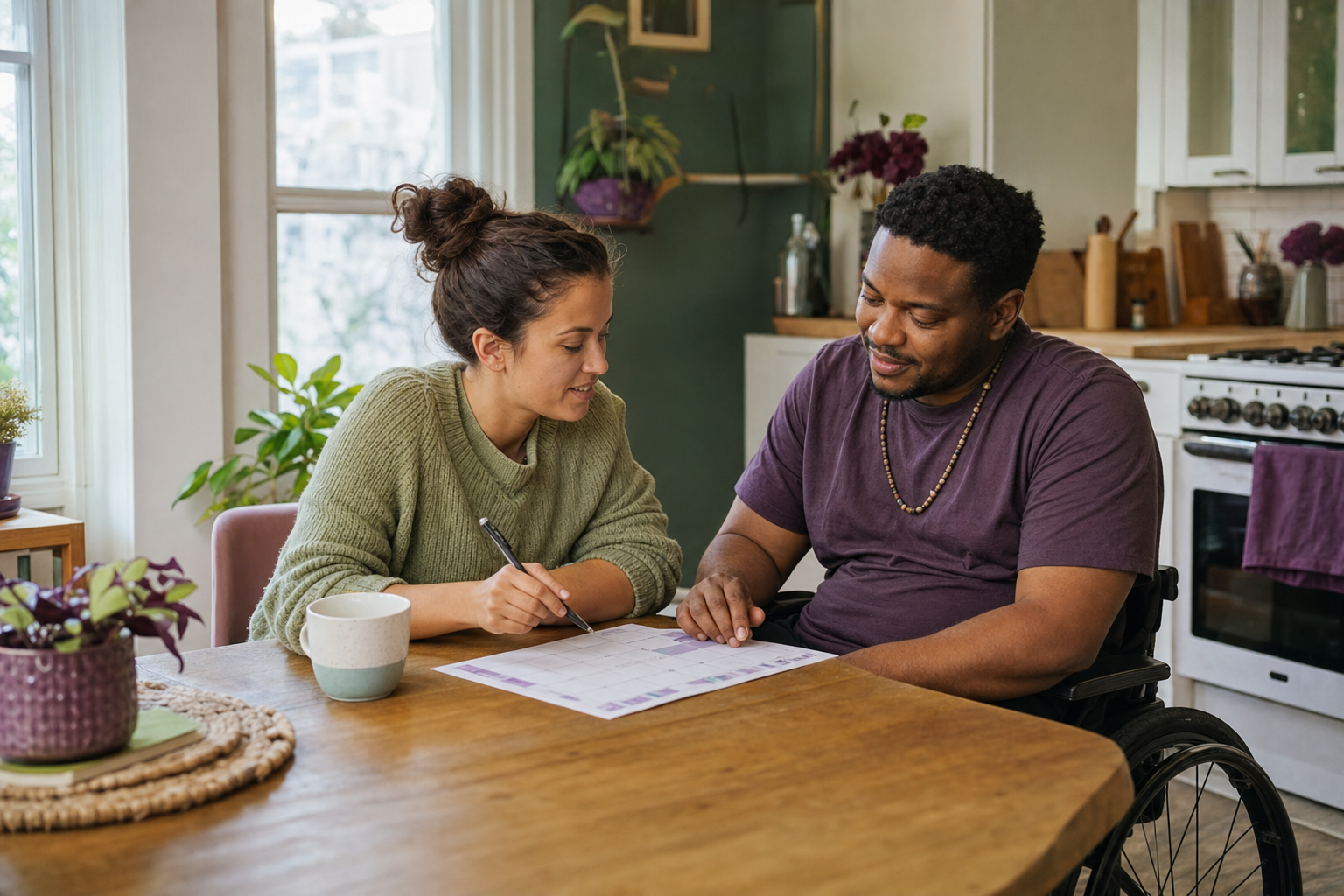 A support worker and an adult planning the week together at a kitchen table